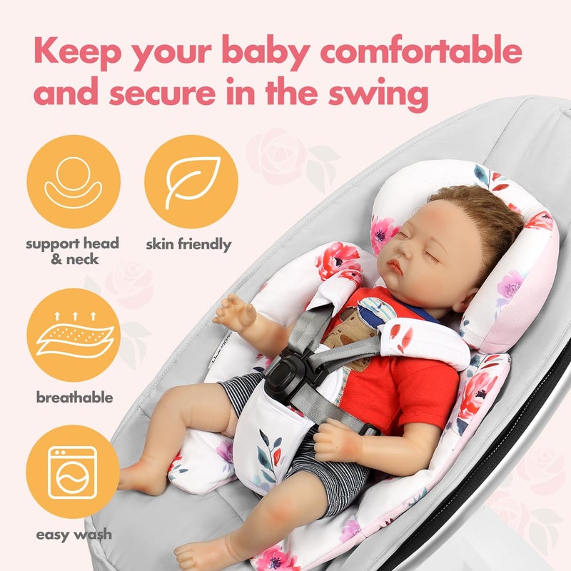 UPPERKIDS Mamaroo Infant Insert Compatible with 4moms Mamaroo & RockaRoo Swing, Mamaroo Newborn Insert with Enlarged Head & Body Support Cushion, Reversible Design, Breathable Soft Fabric with Flowers - Image 2